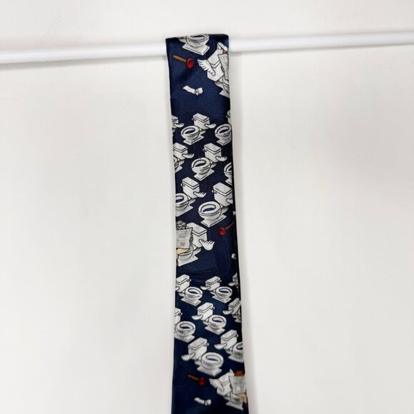 After Dark Men’s Neck Tie 3 3/4” Navy Blue Silk “Flying Toilets” Novelty Necktie - Picture 4 of 11